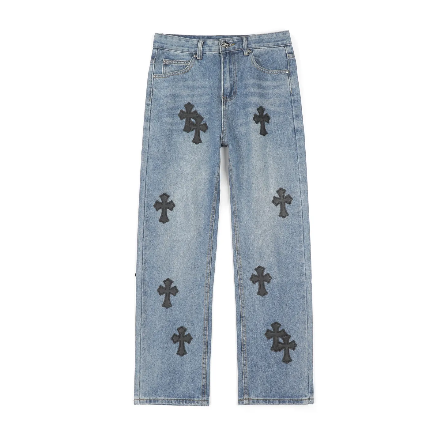 P230 Chrome Hearts CH/Chrome Hearts Classic Blue Pants Black Cross Patched Leather Jeans. Original purchased and patterned. Really restores the ultimate texture of Vintage. Special Italian cowhide print and then cut. Customized sheepskin three-layer thick line leather. The whole body is spliced in heavy water washing process. Craftsmen hand-splashed ink. You can see the details. Three-dimensional cutting version. Loose and comfortable. Not picky on the figure. Makes taller and slimmer. Factory Seiko. Original quality control. Same style for men and women. Can be matched with couples. Versatile recommendation. Essential jeans for all seasons Color: blue Size: 28-36 (S-XXL)